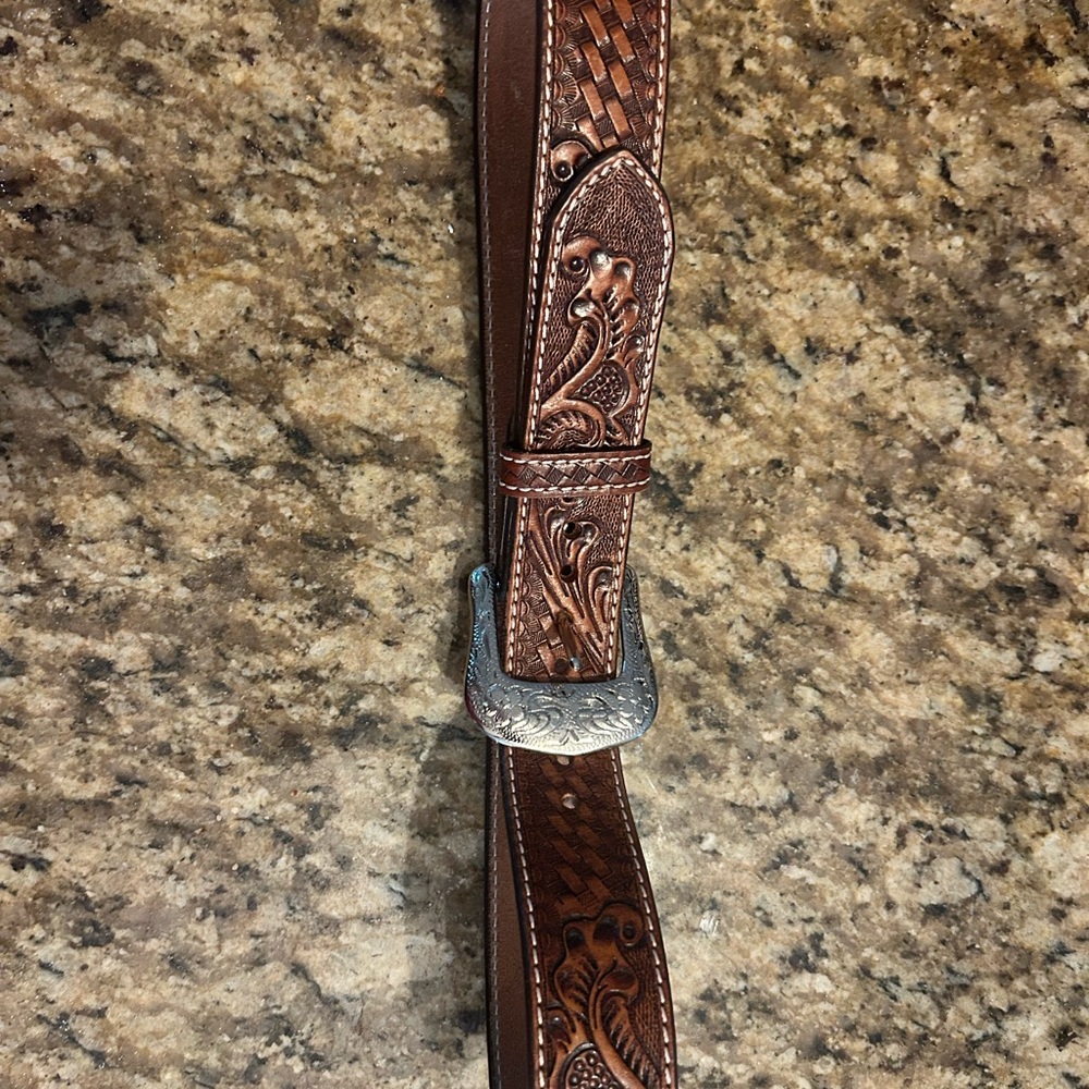 Brown Leather Embossed Belt with Silver Buckle